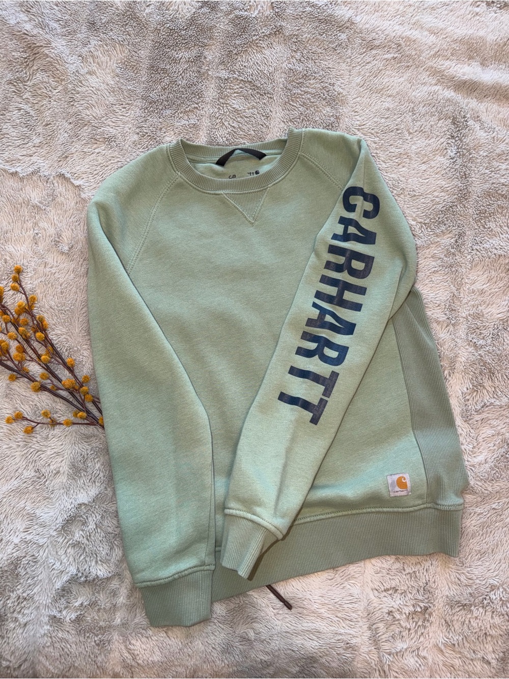 Carhartt Crewneck Sweatshirt in Sage Green with Navy Sleeve Logo